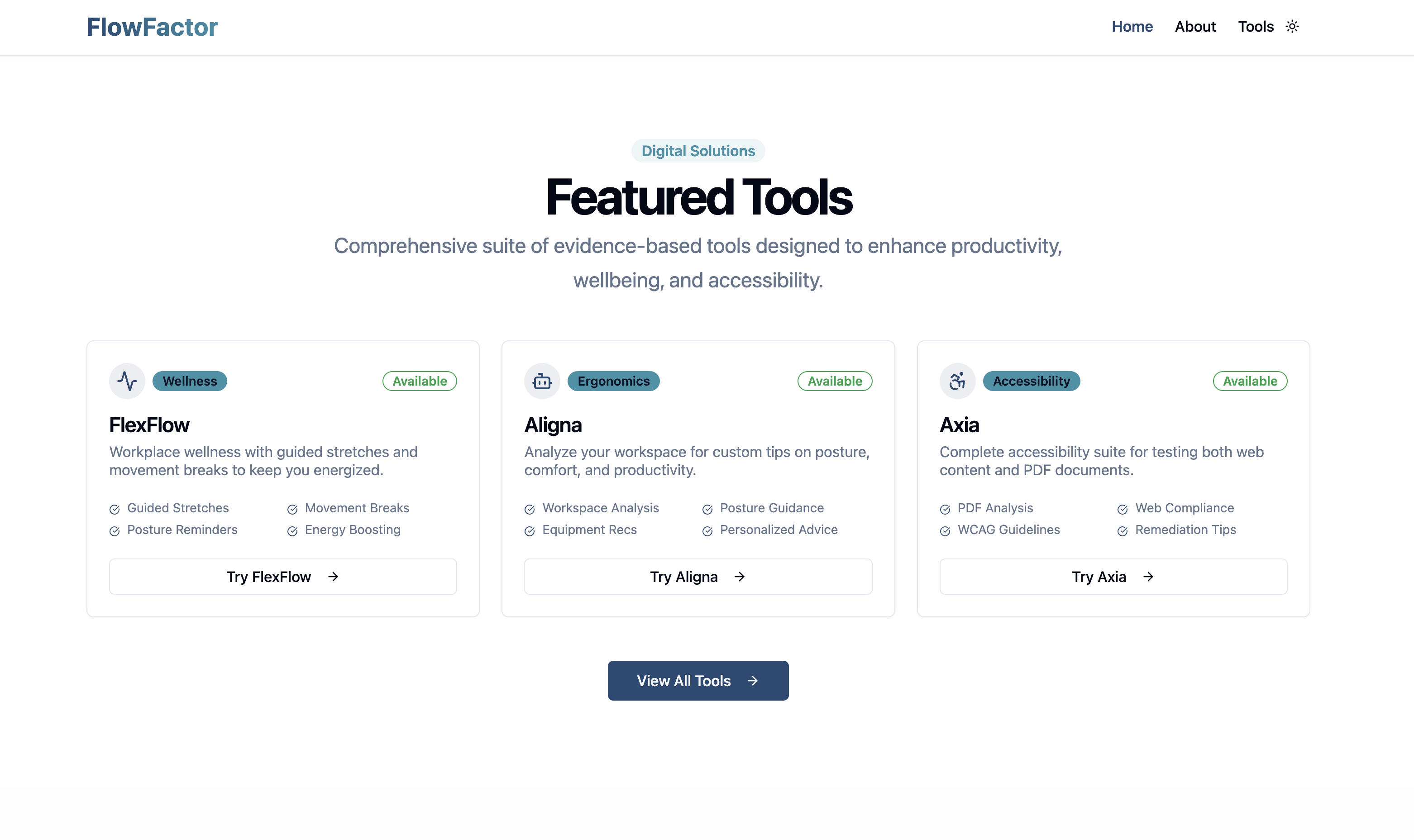 FlowFactor website screenshot showing featured tools including FlexFlow, Aligna, and Axia
